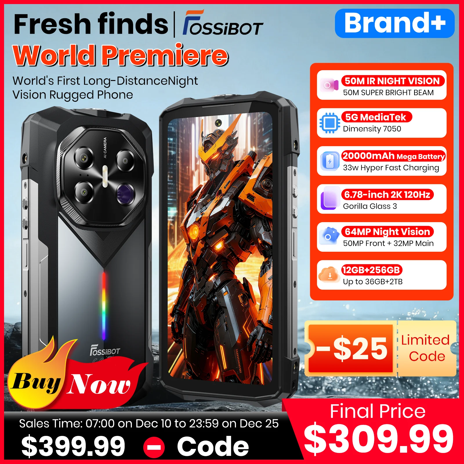 FOSSiBOT F113 Rugged Smartphone Unlocked, 36GB+256GB, 20000mAh 33W, Android, 108MP Cam, Waterproof, NFC, Camping Light