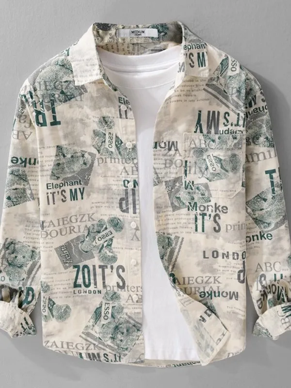 

Casual Faion Men's Long Sve Letter Print irt Spring Autumn New Sle Trendy Streetwear Versatile Loose Fit Button up Coat