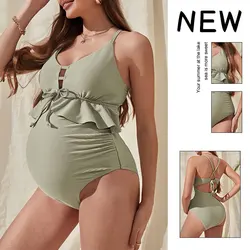 Maternidade Swimsuit Gravidez Mulheres Sólida Green Ribbed Bandage Swimwear Moda Ruffle One Piece Maiô Para Premama roupas