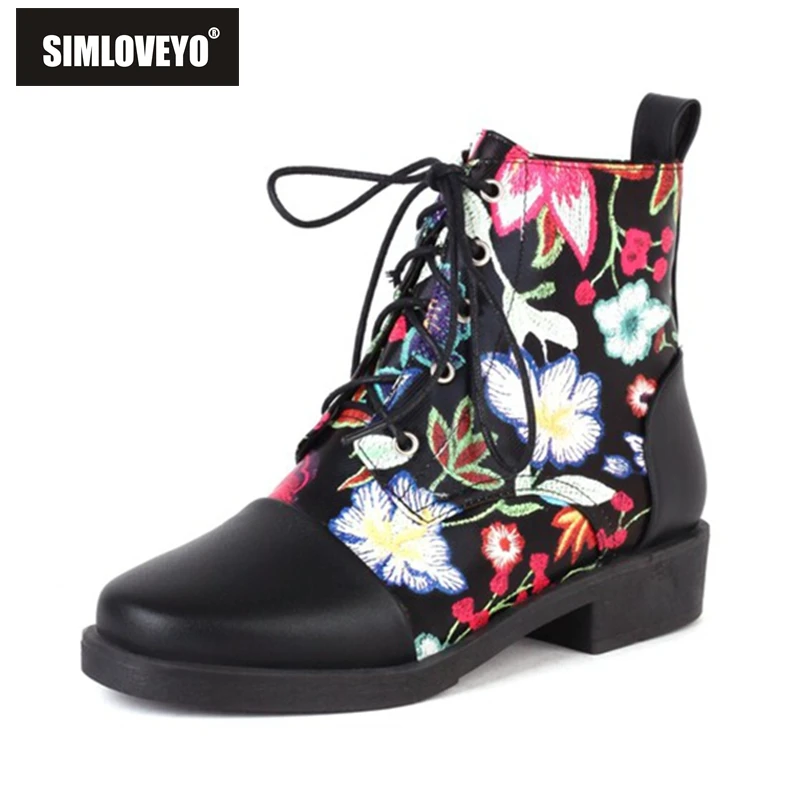 

SIMLOVEYO Ankle Boots 3cm Chunky Heels Strap Up Print Round Toe Big Size 43 US11 Party Women Bota Yellow