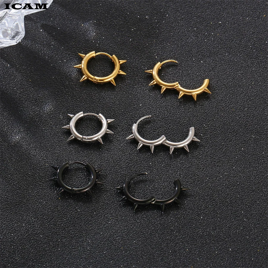 Punk Spike Rivet Hoop Earrings For Women Stainless Steel Huggie Earrings Ear Cuff Piercing Earring Gothic Jewelry Accessories