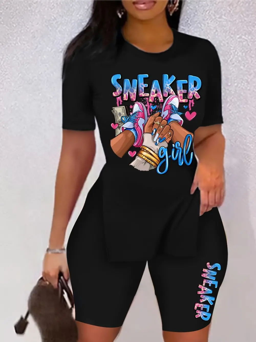 Sneaker Girl Letter Printed Short Sleeved Suit Fashion Women Tops & Shorts Two Pieces Set Summer Casual O-Neck Oversize Clothes