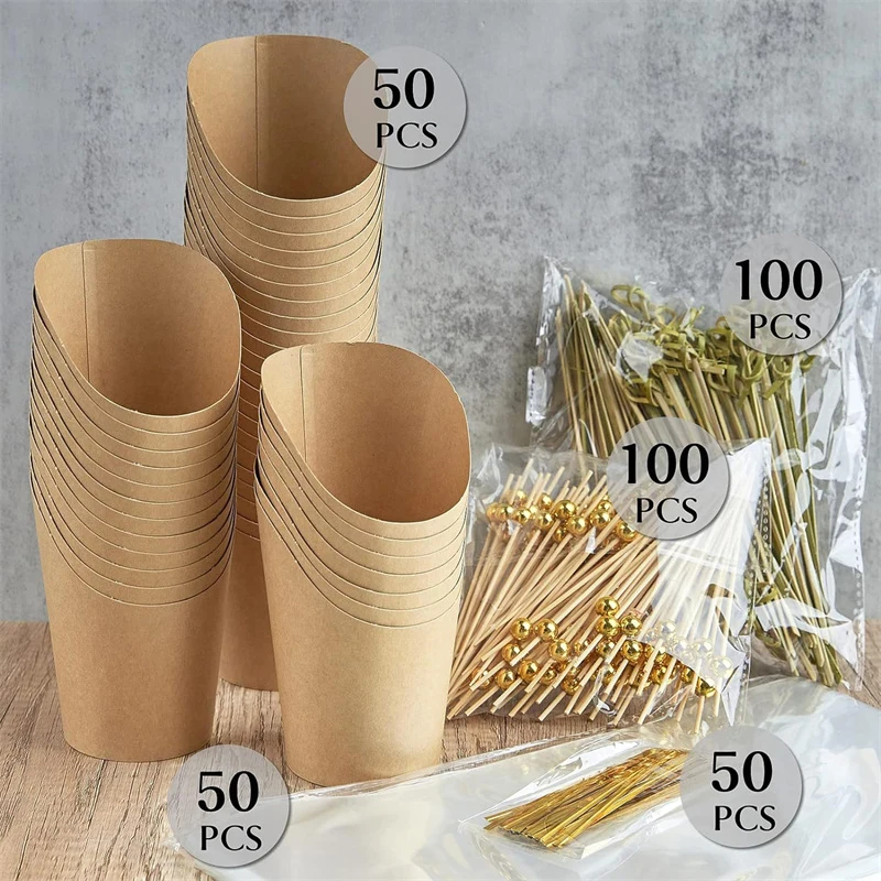 

1 Set 14Oz Disposable Charcuterie Cup With Bamboo Cocktail Picks Gift Bag Ties French Fry Holder Snack Appetizer Paper Cup Kit