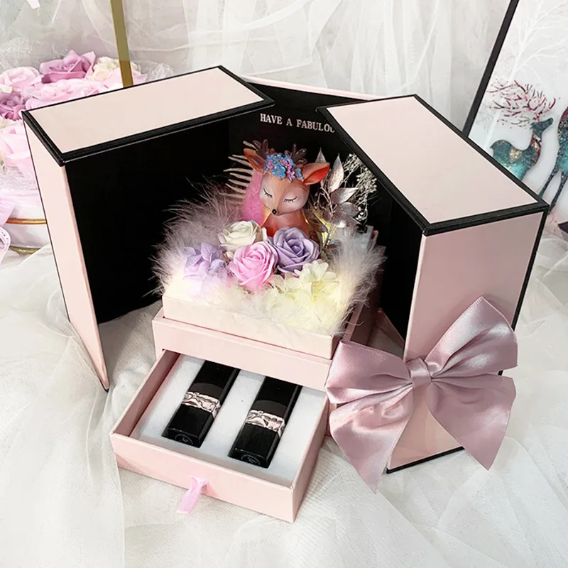 

Rose Soap Flower Lipstick Gift Box with Hand Gift Deer Gift Box Qixi Valentines Day Gift Double Door Necklace Gift Box