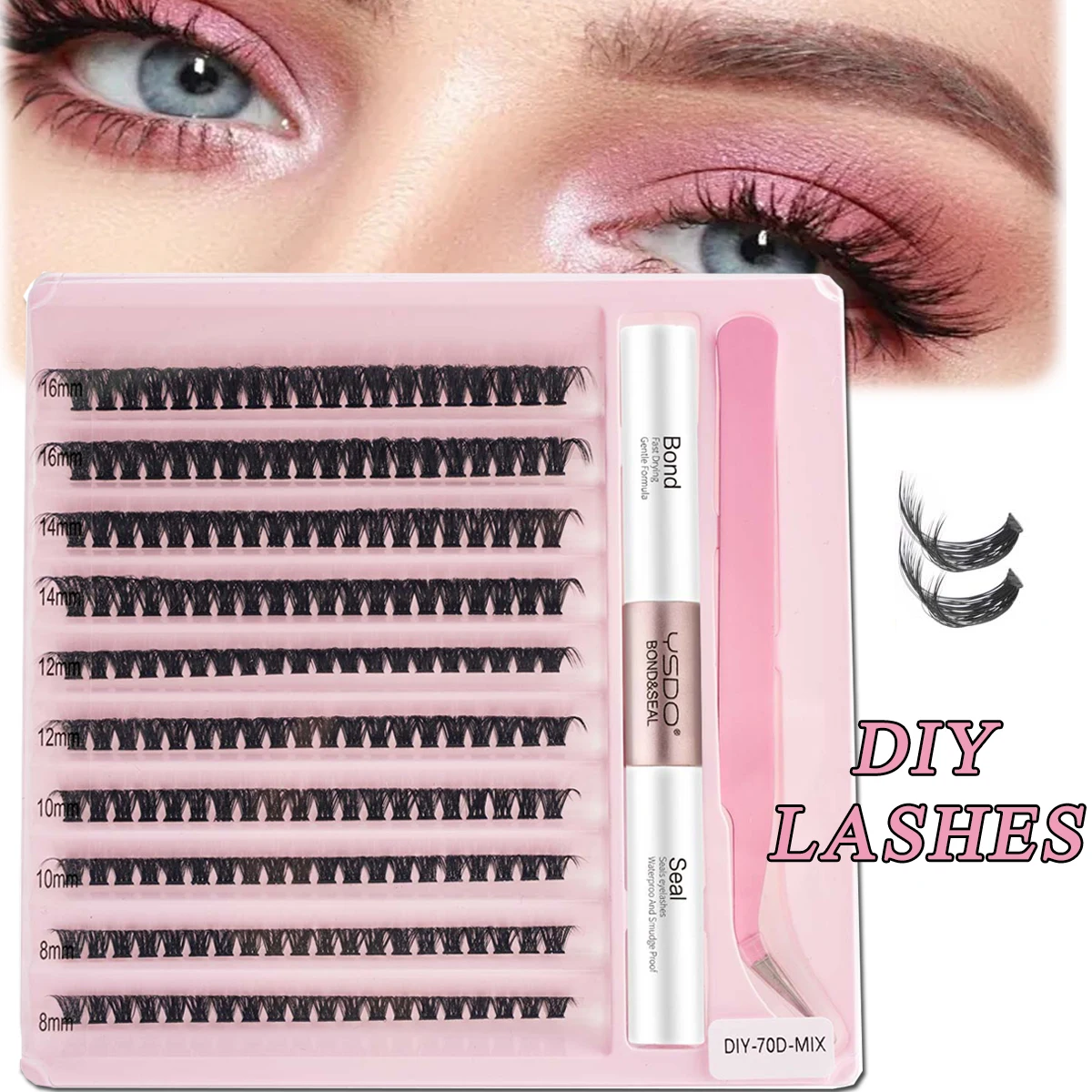 DIY Lashes Extension Kit 160-200 pcs Individual Eyelashes Extension Set Cluster Lashes with Lash Bond and Seal Makeup Faux Cils