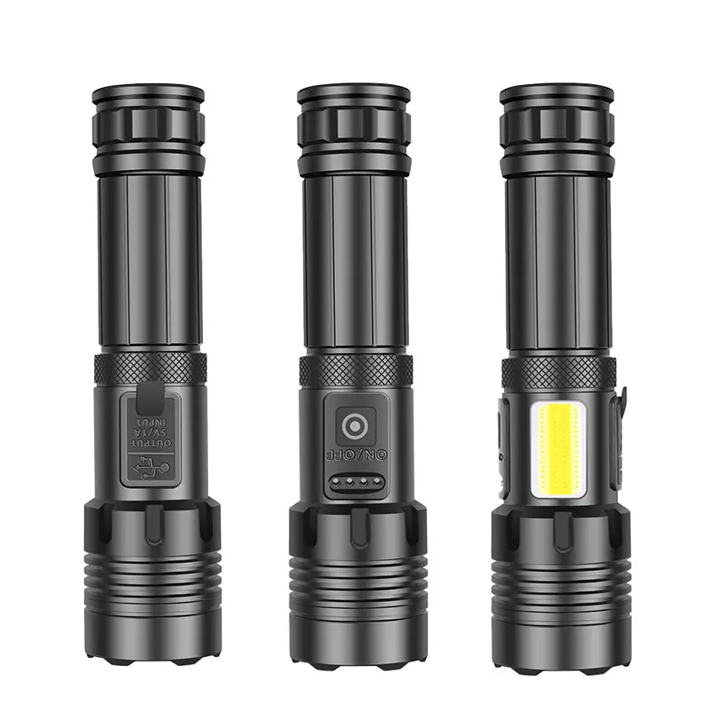 LCS XHP70/XHP160+COB Dual Light Source Flashlight Zoom Reverse Charging Torch 18650 Battery IPX4 Waterproof Outoor Flashlight