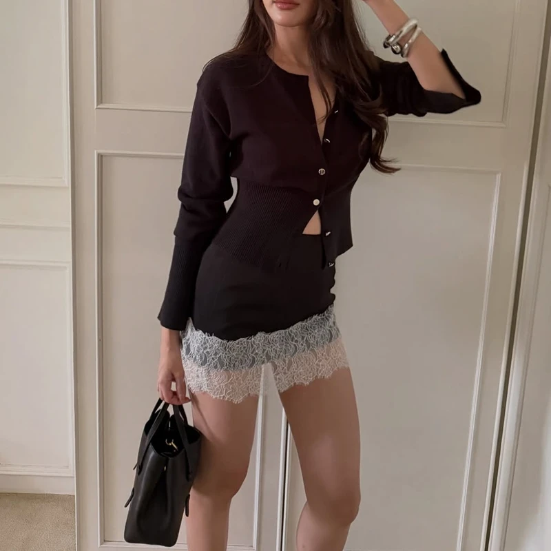 Women Summer Elegant Silky Mini Pencil Skirts High Waist Sheer Floral Lace Trimmed Patchwork Hem Y2k Satin Silk Skirt