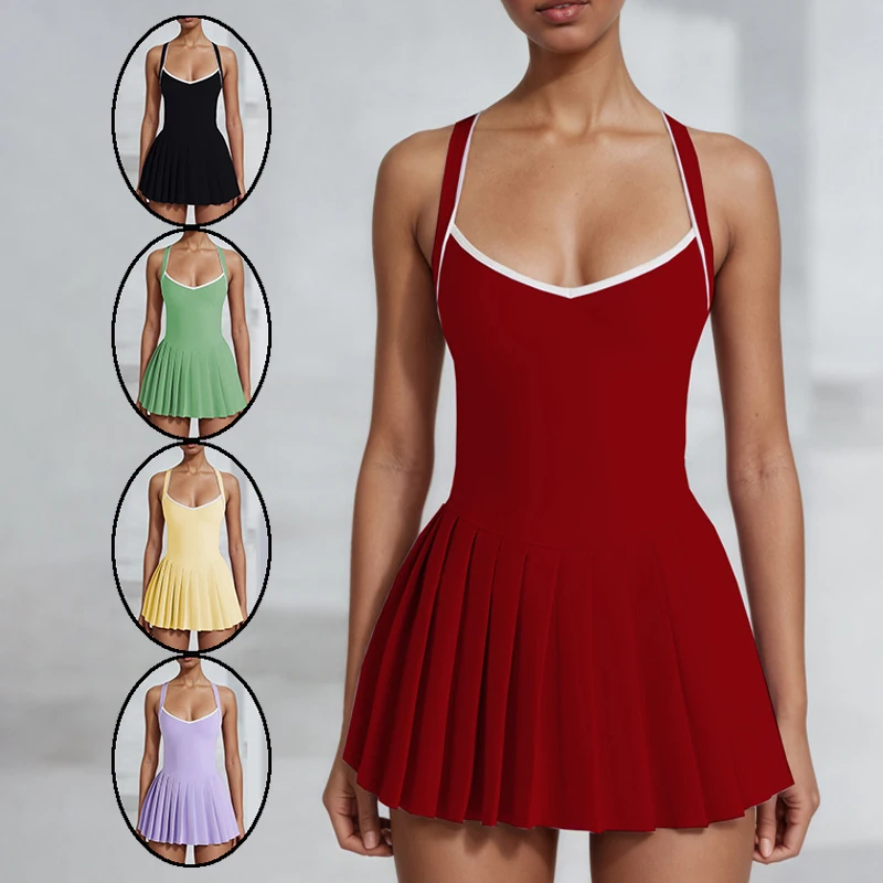 

Tennis Dress Women V-Neck Cross Backless Athletic Dress with Chest Pads Ladies Pleated Sleeveless Workout Golf Skirts with Short