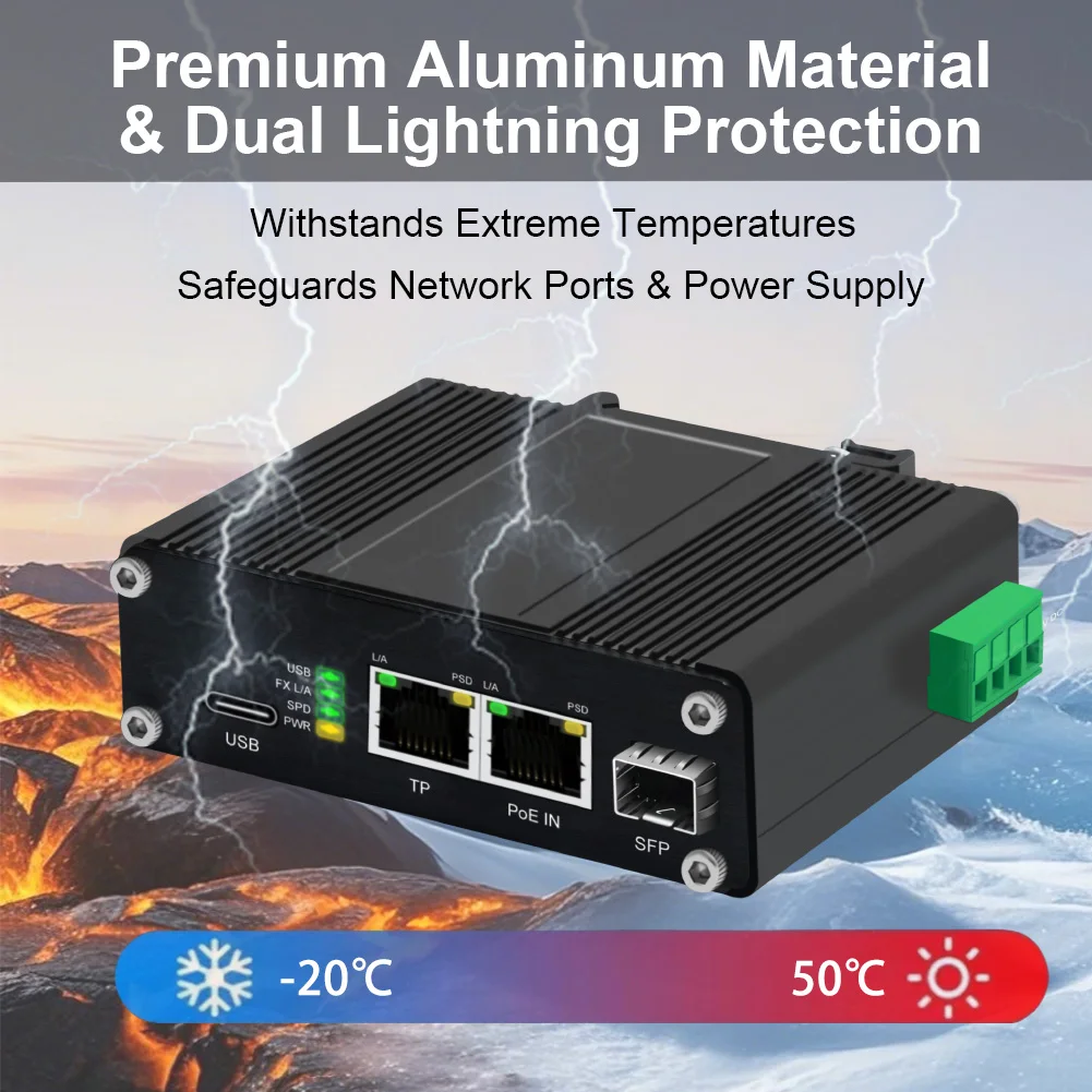 Przemysłowy mini przełącznik 3/5-portowy 10/100/1000T + 1/2-portowy 100/1000X SFP PD z funkcją rozdzielacza PoE lub wyjściem Type-C