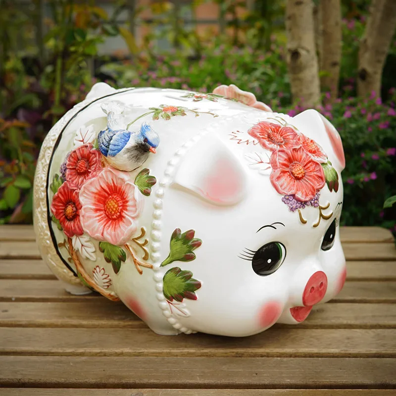 Ceramic Piggy Bank Giant Coin Money Bank for Savings Cute Cartoon Pig Design Home Stress-Relieving Gift
