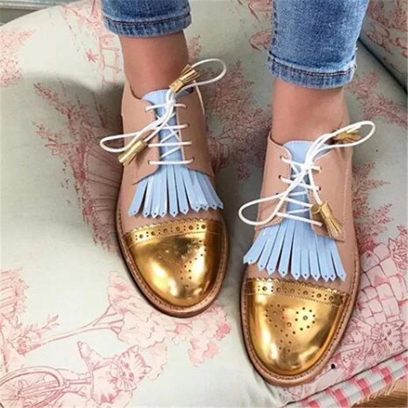 New Women Soft Leather Oxfords Shoes Hand-made Leisure Lace-up Brogues Wingtips Shoes For Ladies New Arrival Caved Tassel Flats