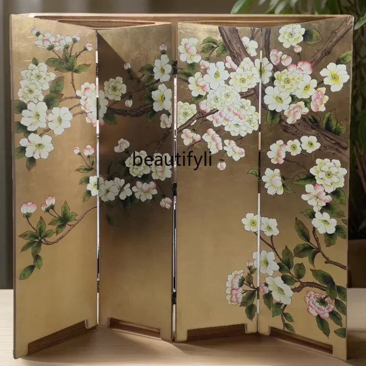 

New Chinese screen partition gold and silver foil lacquer painting folding screen hotel living room background wall decoratio