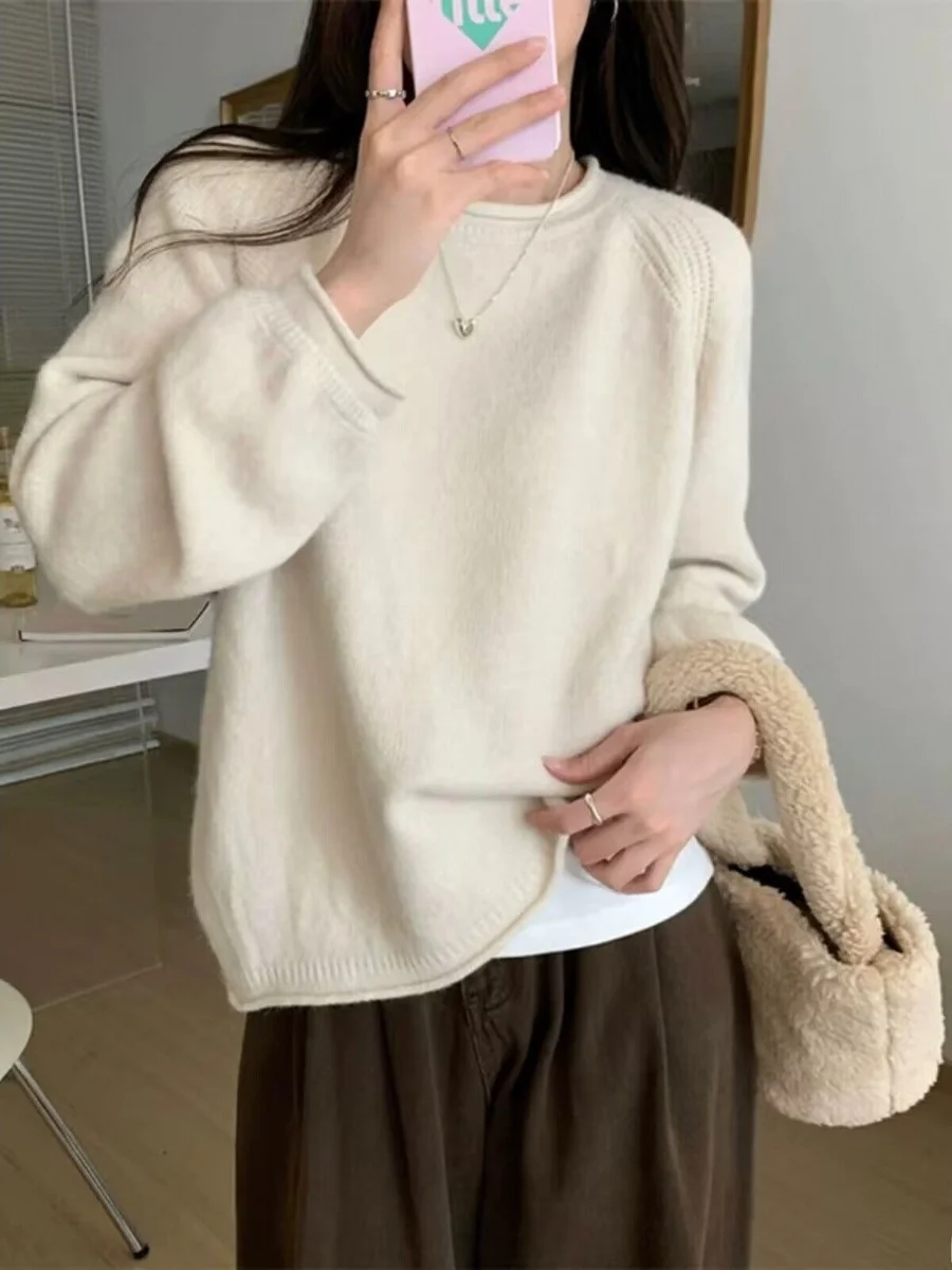 

Ele Long Sve Knitted Sweater Women's Loose round Ne Pullover Soft Autumn Winter Inner Wear Base irt Commute S...