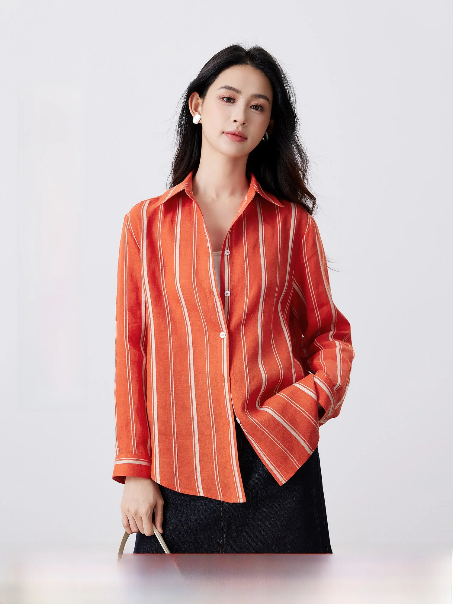 

l Linen Striped Loose Collar irt Women's Faion Autumn Season Breathable Comfortable Fit irt by MIJOR