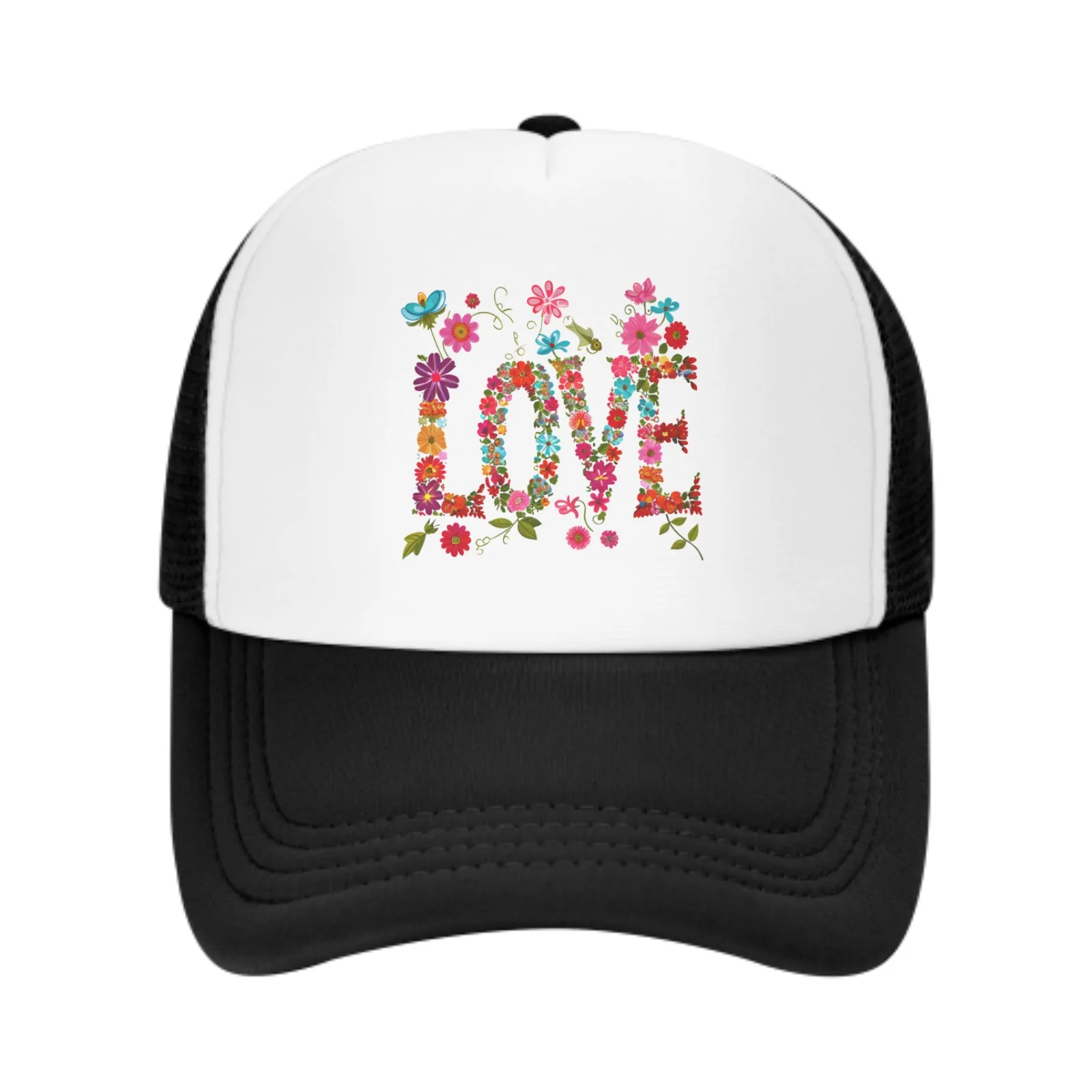 Unisex Flower Love Baseball Cap, Trucker Mesh Hat, ajustável, esportes, respirável, moda, viagens diárias, homens, mulheres