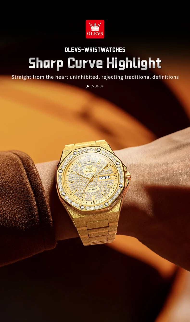 OLEVS 9803 Voll Diamantbesetzte Automatische Mechanische Uhren für Herren Luxus Edelstahl Wasserdicht Doppelkalender Business Herrenuhr – Detail 7