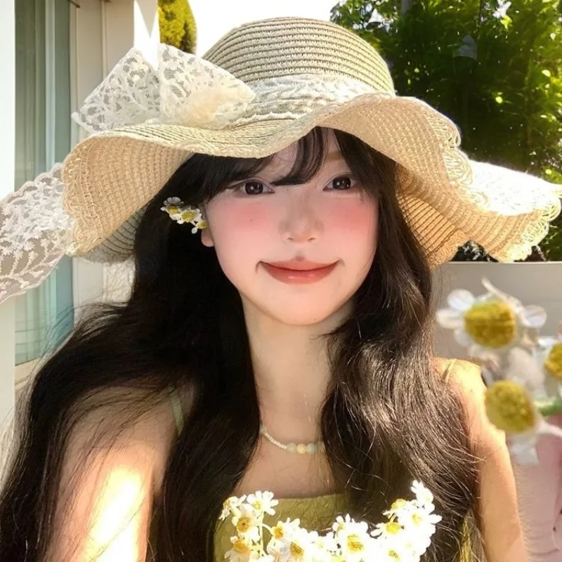 Women's Summer Camping Popular Lace Straw Hat Summer Seaside Beach Sun Hat Outdoor Big Eaves Sun Protection Fashion Hats 2