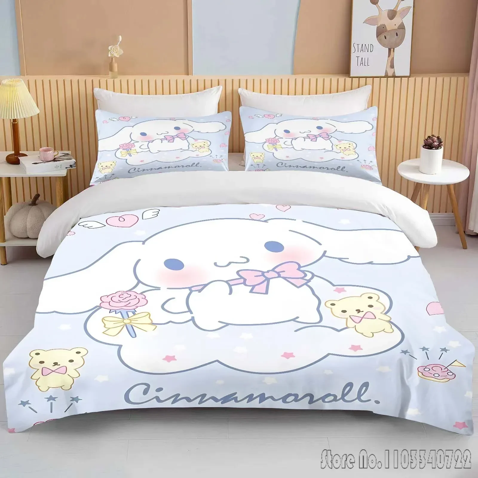 Sanrio Cinnamoroll Printed Bedding Set Duvet Cover Anime Quilt Adult Kids Birthday Gift Full Size Bedding Set Luxury