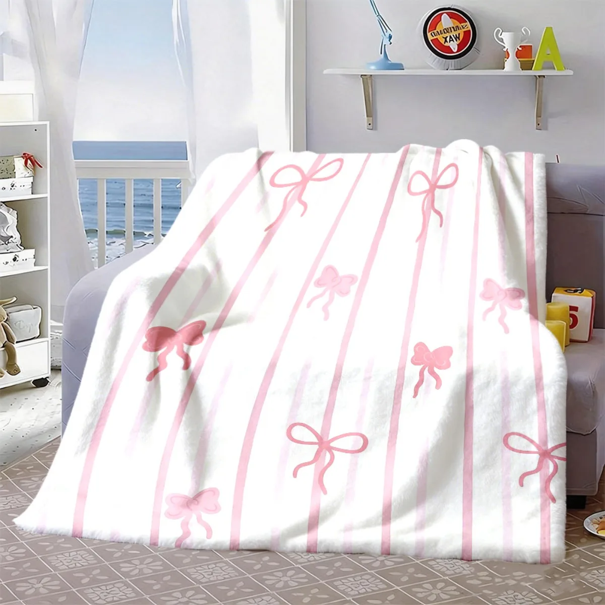 Cute Pink Stripe Bowknot Flannel Throw Blanket Sweet Ribbon Pattern Soft Warm Blanket for Couch Bed Home Decor Gift