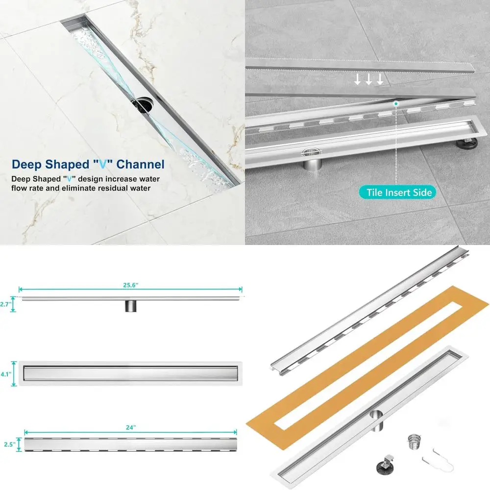 

24 Tile Insert Linear Shower Drain, Brushed Stainless Steel, Low Profile with Hair Catcher