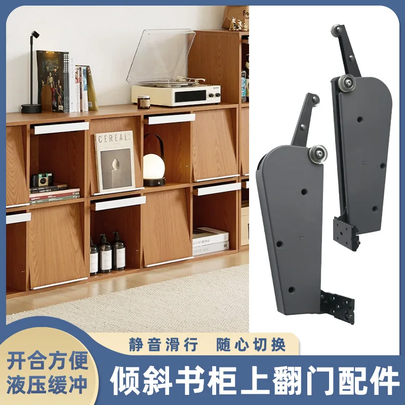 Tilt bookcase and pull it up to hide folding door, insert door buffer slide, and install bookcase door