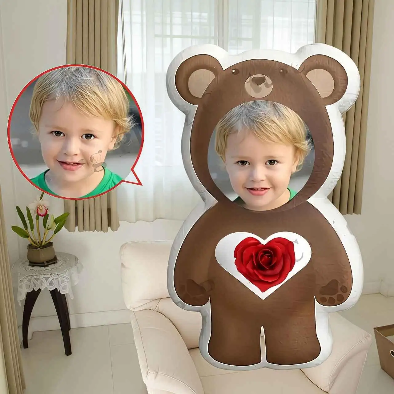 Rose print teddy bear shaped pillow photo plush pillow, suitable for birthdays, anniversaries, Christmas, Thanksgiving