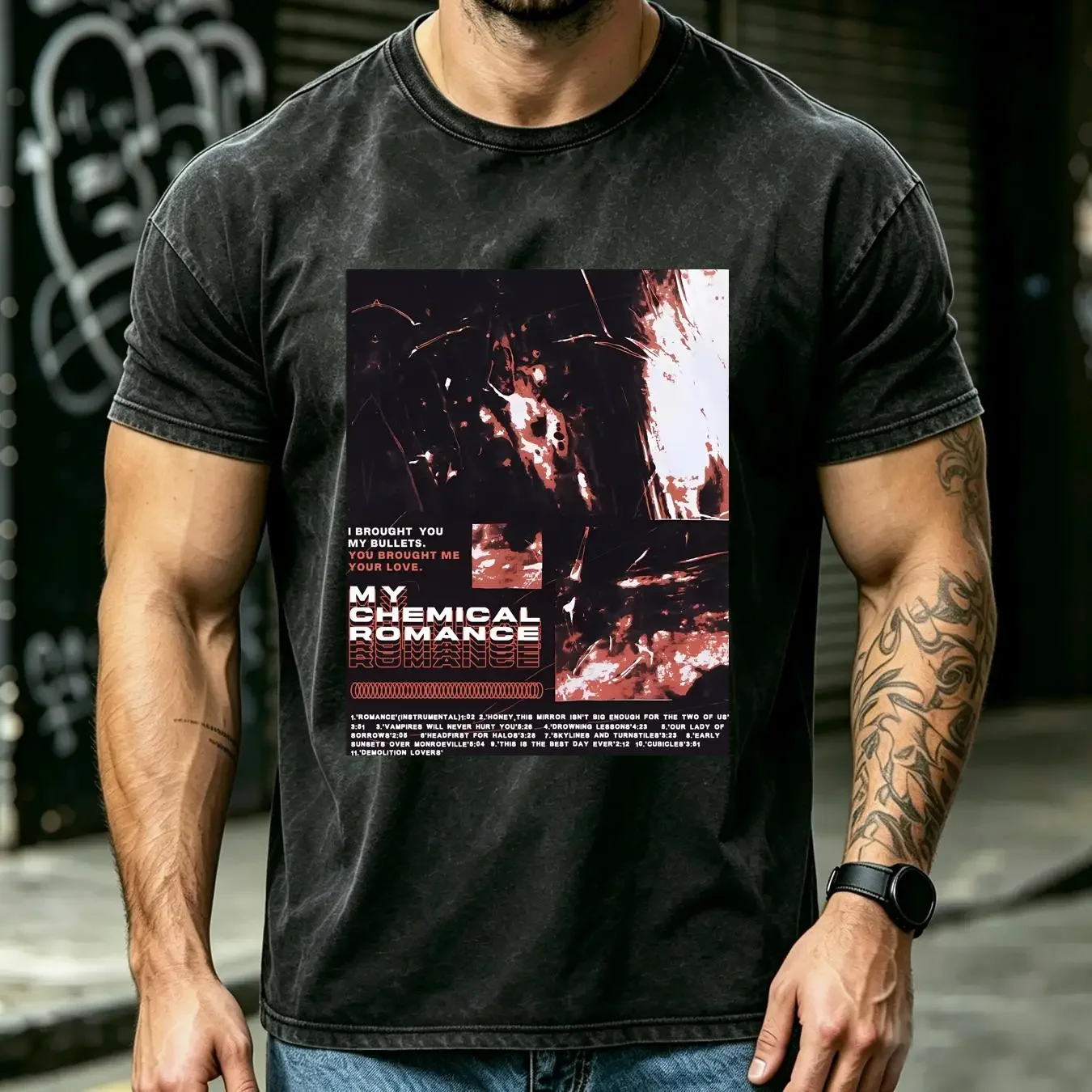 washed T Shirt my chemical romance outline repeat vintage Washed Breathable Comfortable Slightly designer clothes Stylish