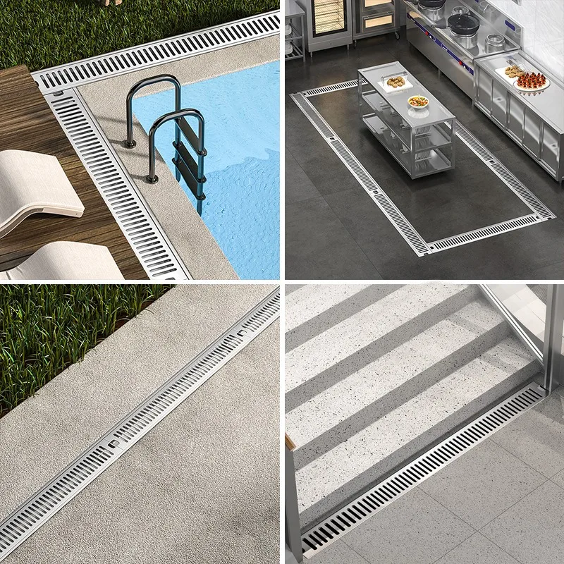 غطاء تصريف أرضي بشريط طويل من الفولاذ المقاوم للصدأ 304، خندق تصريف غرفة الاستحمام السميك، المجاري فقط مع غطاء تصريف الأرضية