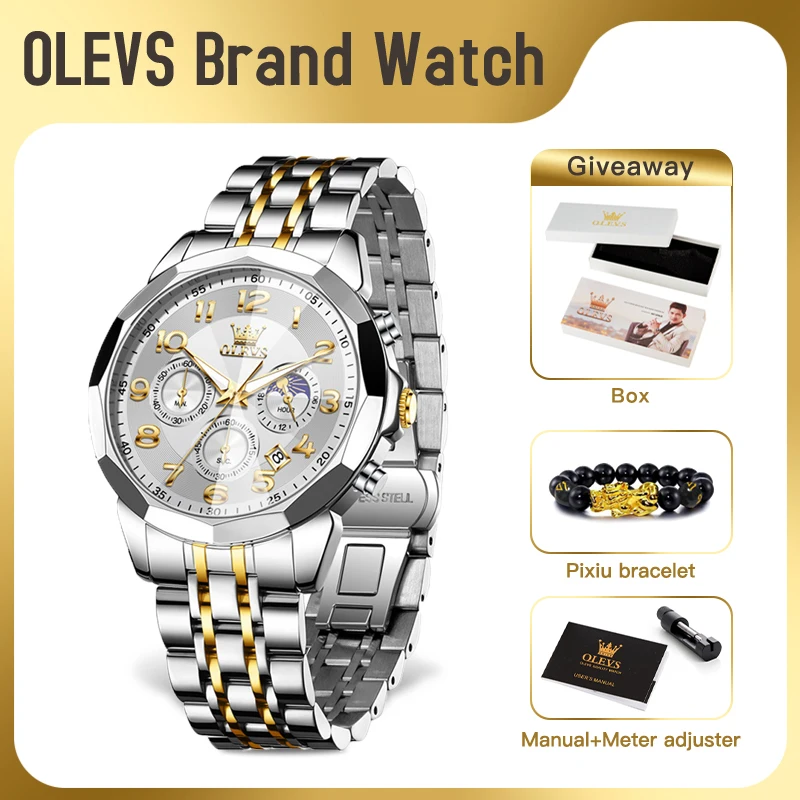 OLEVS 3676  Mens Watch Quartz Watch Multifunctional Chronograph Waterproof Luminous Moon Phase Watch Mens Gifts Original Reloj
