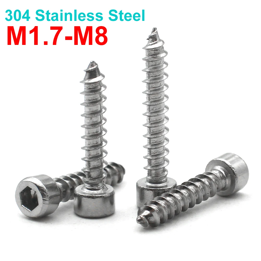 100/50/25/10pcs 304 Stainless Steel Hex Socket Cap Self Tapping Screws Allen Drive M1.7 M2 M2.3 M2.6 M3 M3.5 M4 M5 M6 M8