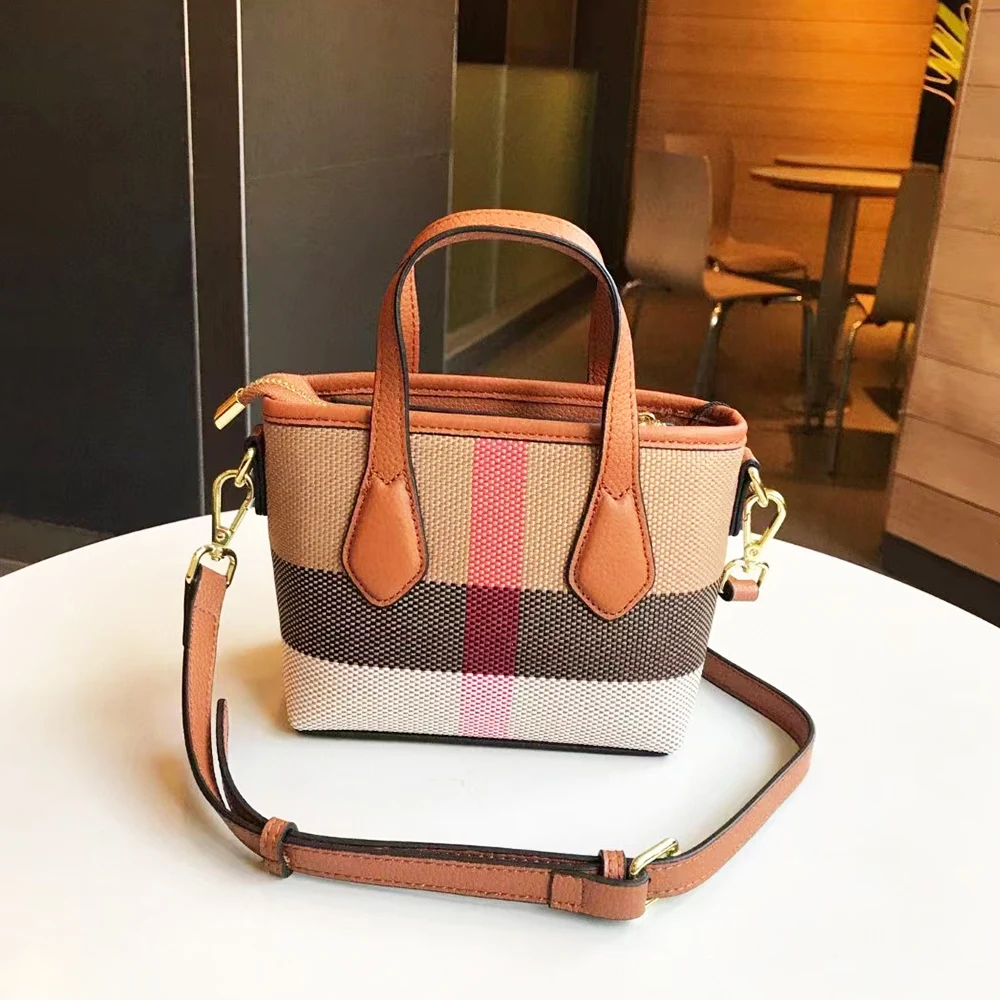 Luxury Small Women‘S Bag Plaid Stripes Canvas Genuine Leather Female Tote Purse Retro Versatile Top Handle Lady Bucket Handbags