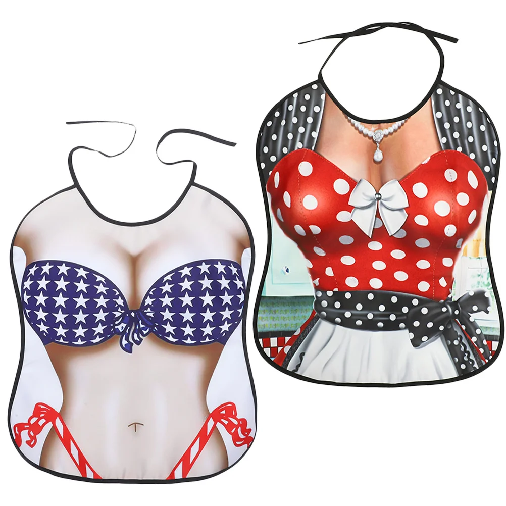 

2Pcs Creative Bibs for Adults Funny Bikini Pattern Washable Reusable Apron for Hot Pot Restaurant Party Prank Use