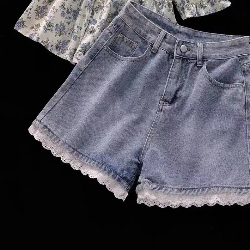 Conjunto de pantalones cortos de mezclilla para niña, ropa infantil con diseño de manga de burbuja, camisa floral, para estudiantes de secundaria, novedad de verano 2024