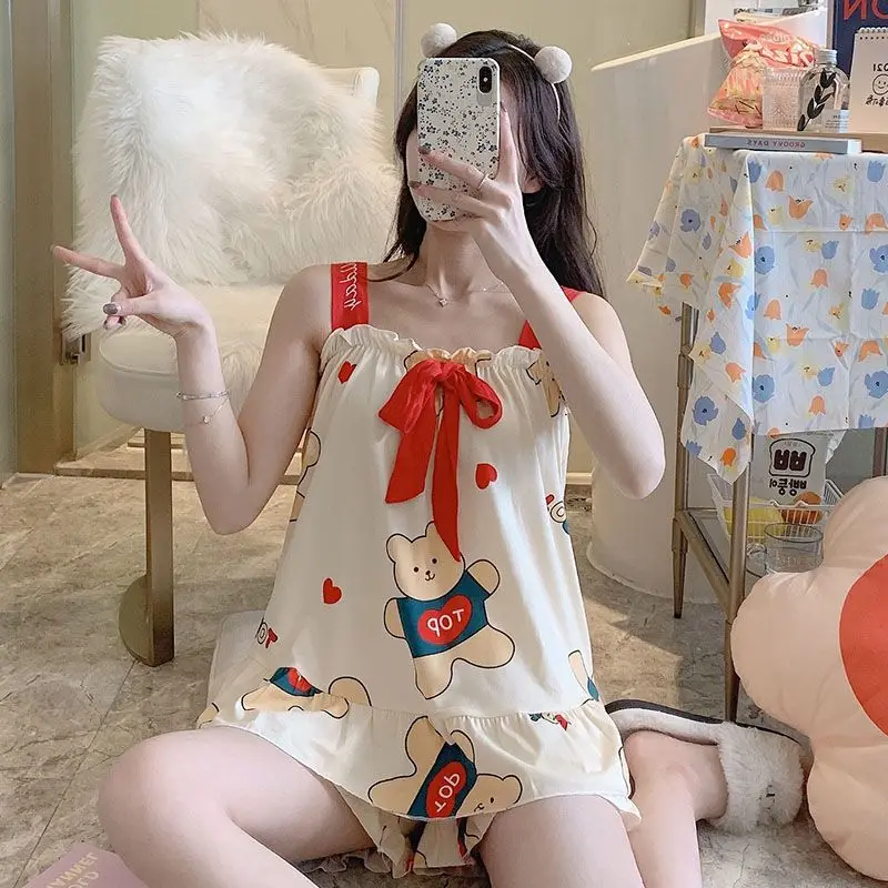 Pajamas Set for Women Sexy Home Clothing Sleepwear Tank Top Suit Shorts Cute Underwear Soft Nightwear Sleeveless Lace Loungewear