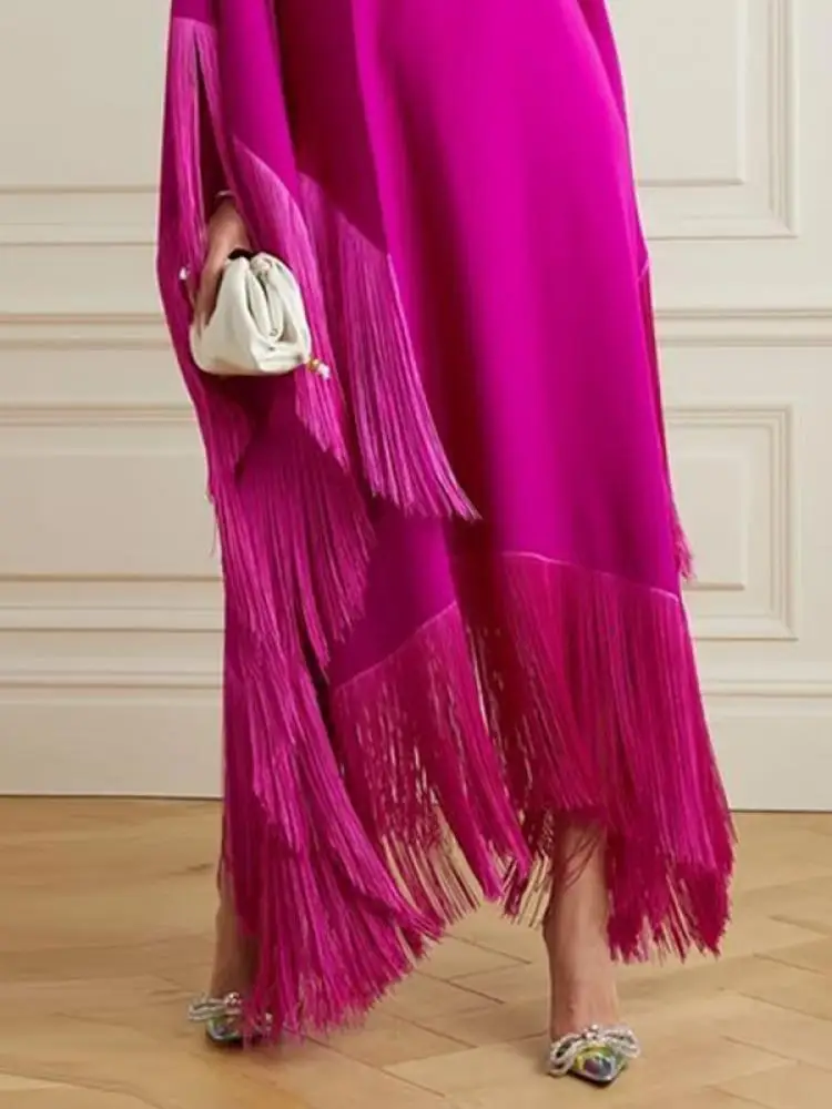 2025 Herfst Nieuwe vrouwen Fringe Jurk Fuchsia Coltrui Batwing Mouwen Losse Maxi Jurk Elegante Avond Party Gown voor Vrouwen