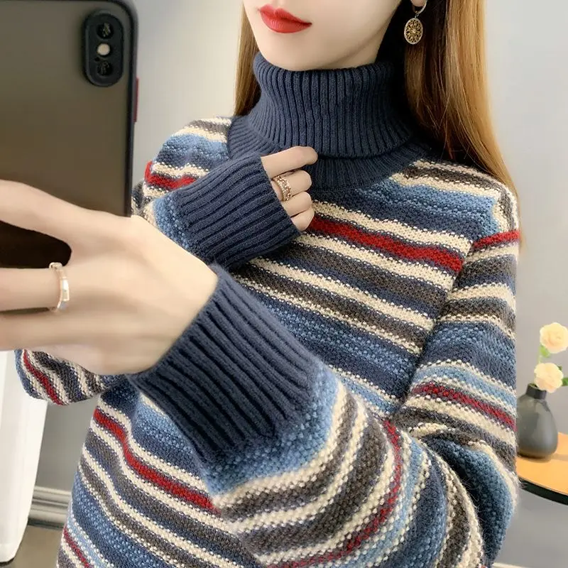 

Autumn Winter Women Sweater Turtleneck Long Sleeve Warm Pullovers Fashion Stripe Knitwear Korean Bottoming Shirt Basic Jumper