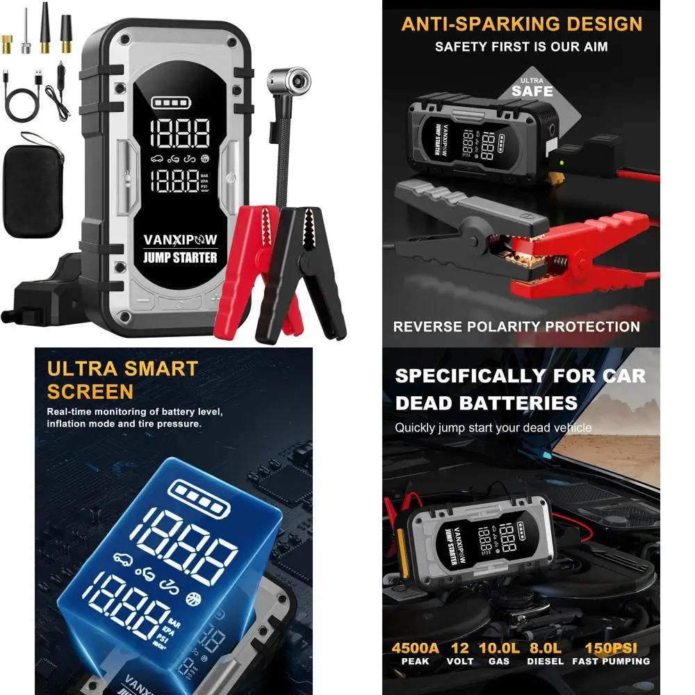 

Portable Car Battery Jump Starter with Air Compressor, 4500A 150PSI (9.0 L Gas/8.0L Diesel), 12V Jump Box Car Battery with 600 L