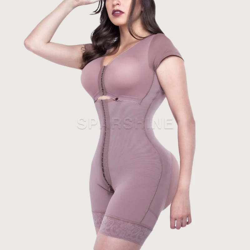 Adjustable Hook Eye Front Closure Fajas Colombianas Short Sleeve Women Shapewear With Bra