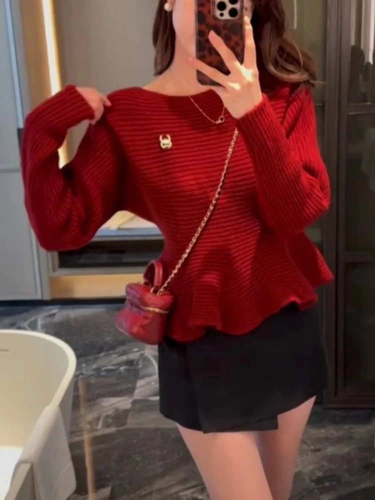 Maglione lavorato a maglia rosso di Capodanno da donna con design ingombrante in vita in pizzo Casual Faion Commute Sle Thi Maglieria calda