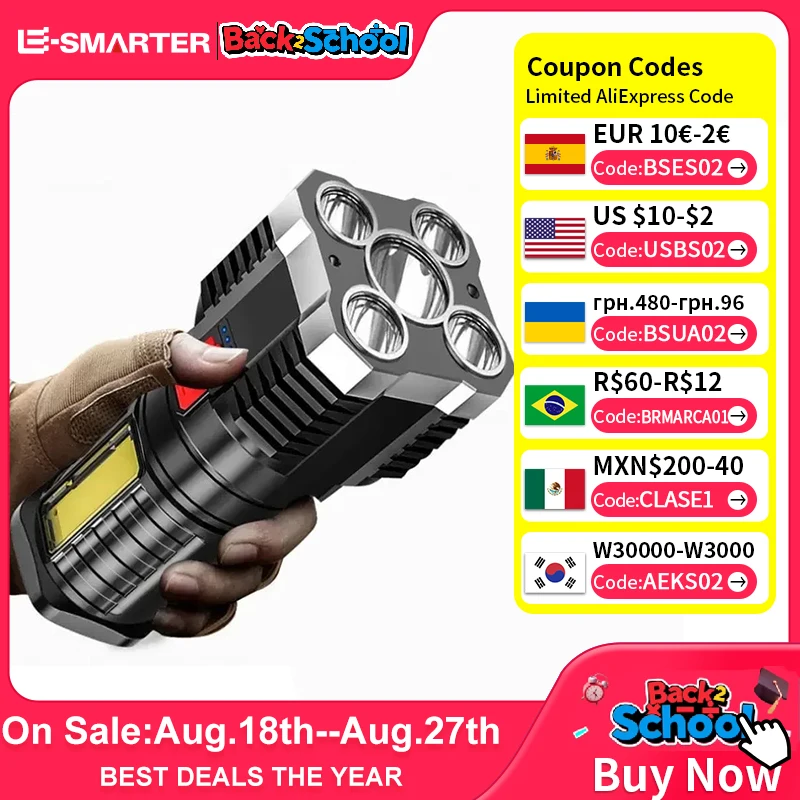 5LED High Power Led Flashlights Rechargeable Camping Spotlight with Side Light 3 Lighting Modes for Camping Adventure Outdoor
