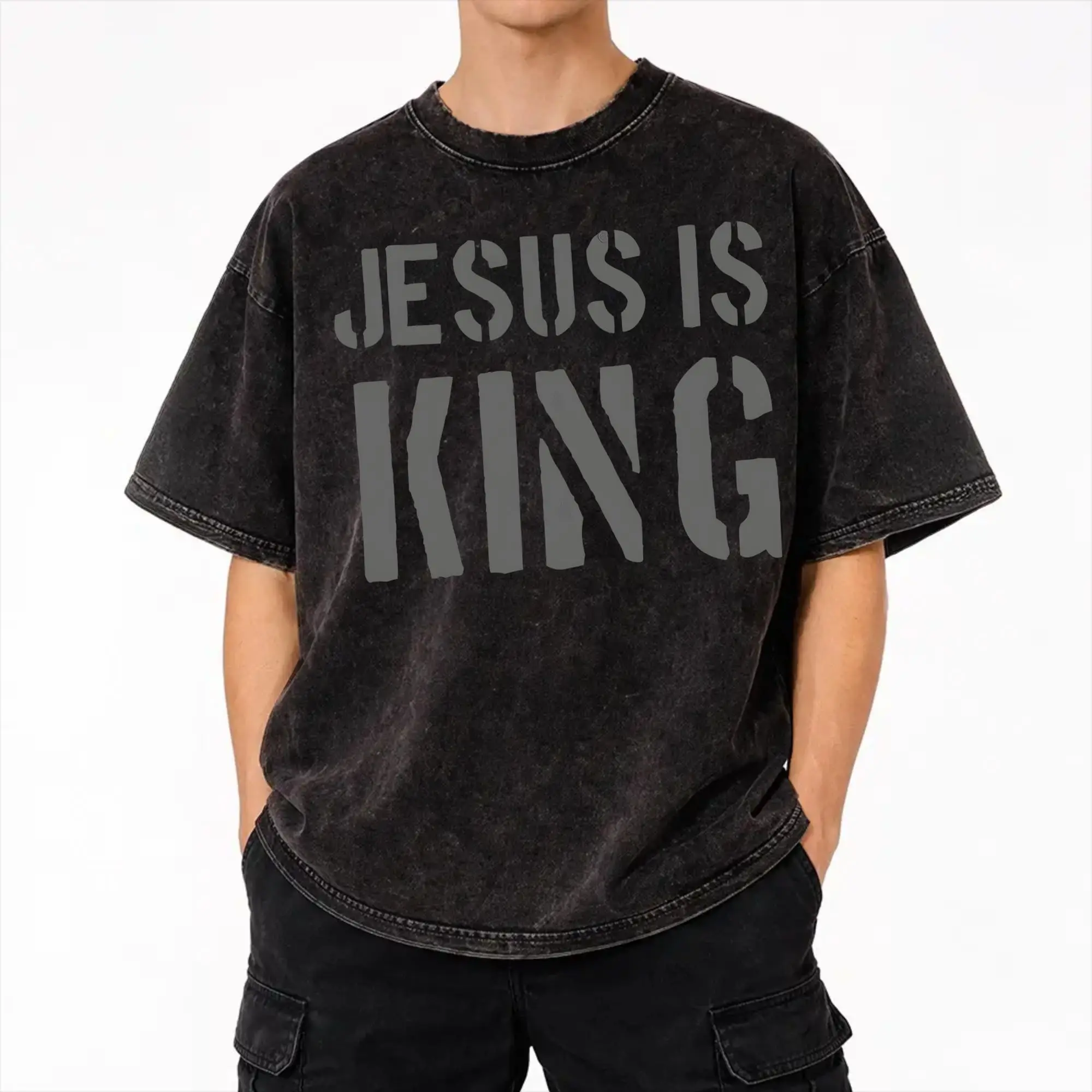 Jesus Is King - Christian Faith Outfit Washed T Shirt for Men Women Streetwear Hip Hop T-Shirts Summer  Tees Tops Cotton
