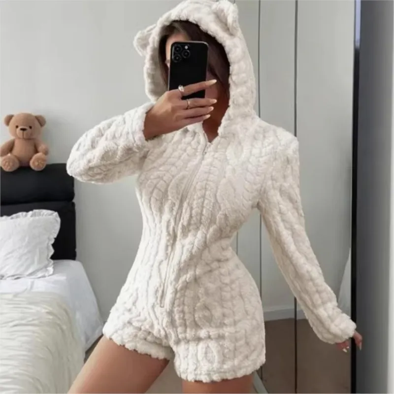 Neuer Herbst-Winter-Plüsch-Hoodie-Overall für Damen, modischer, bestickter Bären-Overall, lässige Damen-Hauskleidung, Plüsch-Playsuit