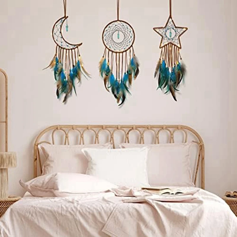 3 Pieces Dream Catcher Set With Light Moon Star Design Handmade Feather Lucky Turquoise Pendant Beads Wall Hanging Ornament Kit