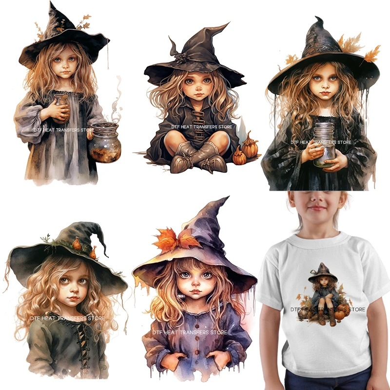 Watercolor Magic Pumpkin Witch Pattern Heat-sensitive Patches Application Stripes on Kids Clothes ironing Printing