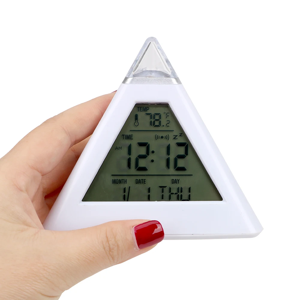 Digital Alarm Clock Colorful Backlight Change Clock Home Decoration Triangle Pyramid Perpetual Calendar Thermometer