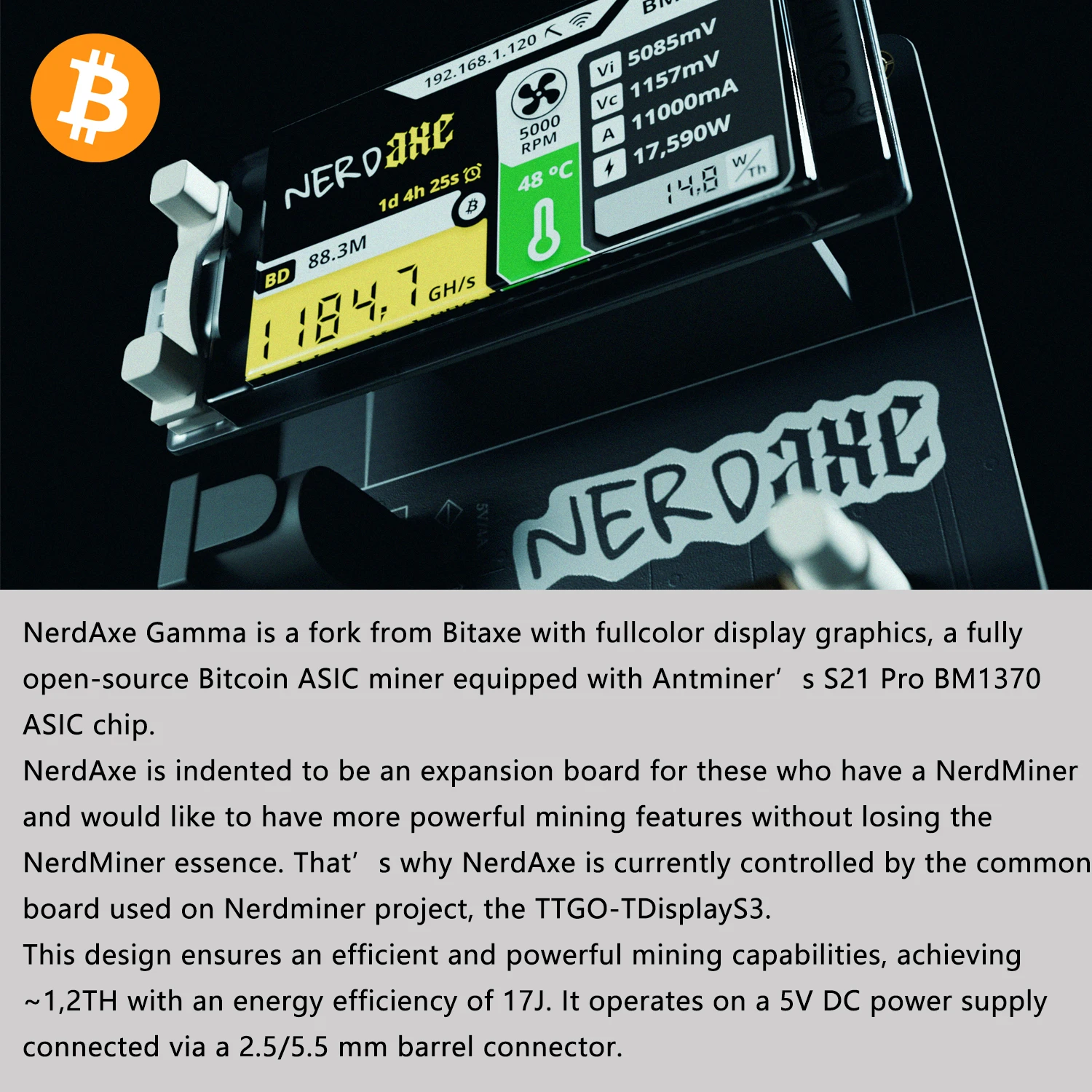 شريحة Nerdaxe Gamma 601 1.2TH/s BM1370 Asic الجديدة مع شاشة 1.9 بوصة BTC Solo Miner 2.4G WiFi/Hotspot Crypto Home BTC Miner