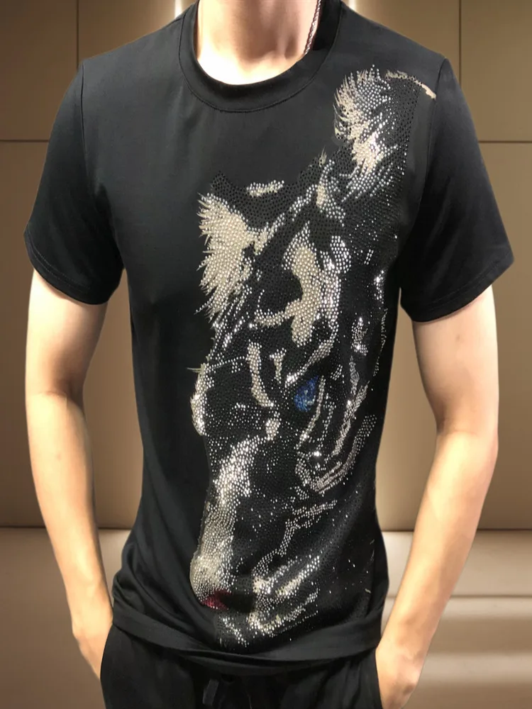 Animal Rhinestones Tshirt Men Social Club Outfits Tee Shirt Homme Summer Top O-neck Short Sleeve T-shirt