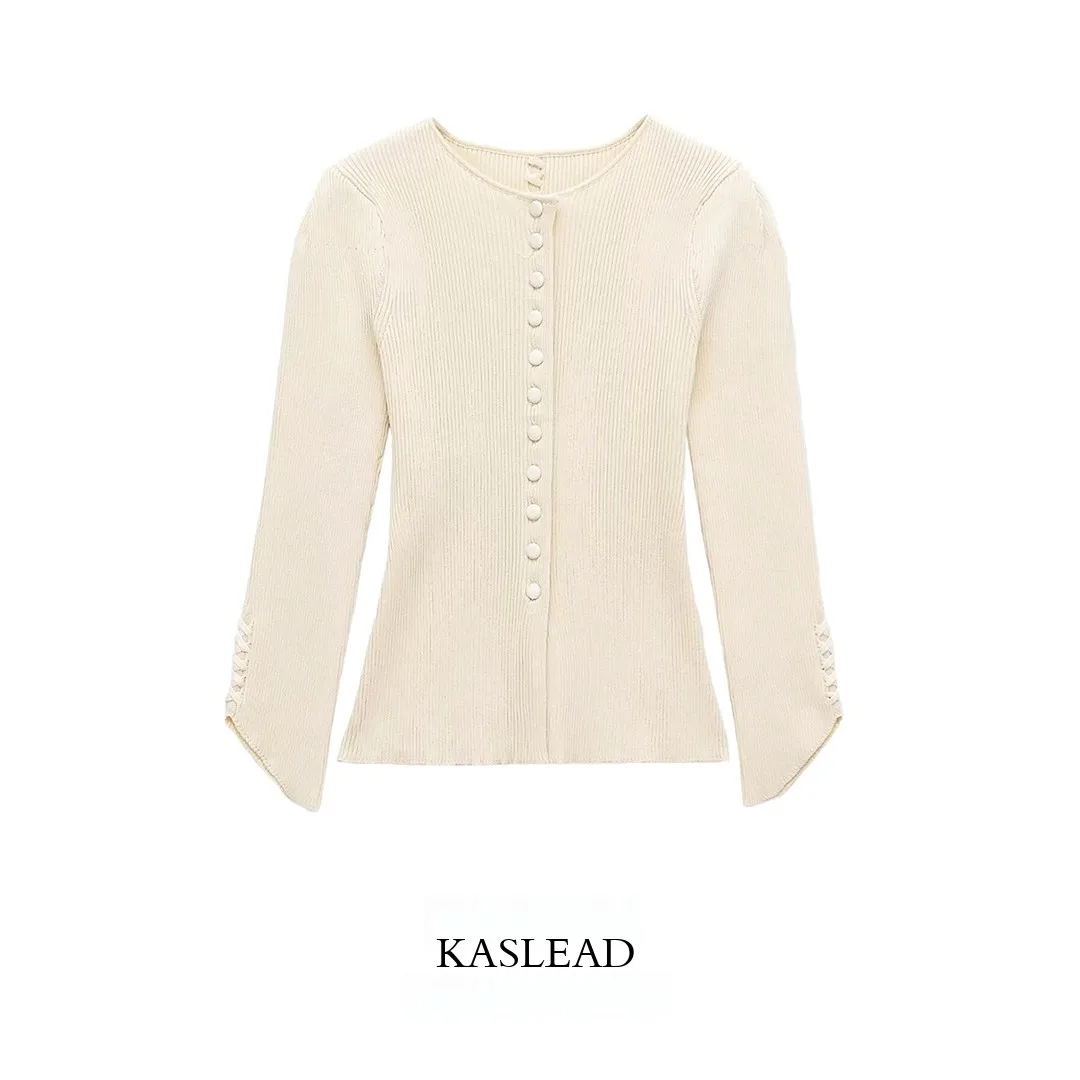 KASLEAD New Women's Fashion Knitted Bubble Sleeve round Neck Jacket Simple Style Polyester Fiber Long Sleeve Cardigan