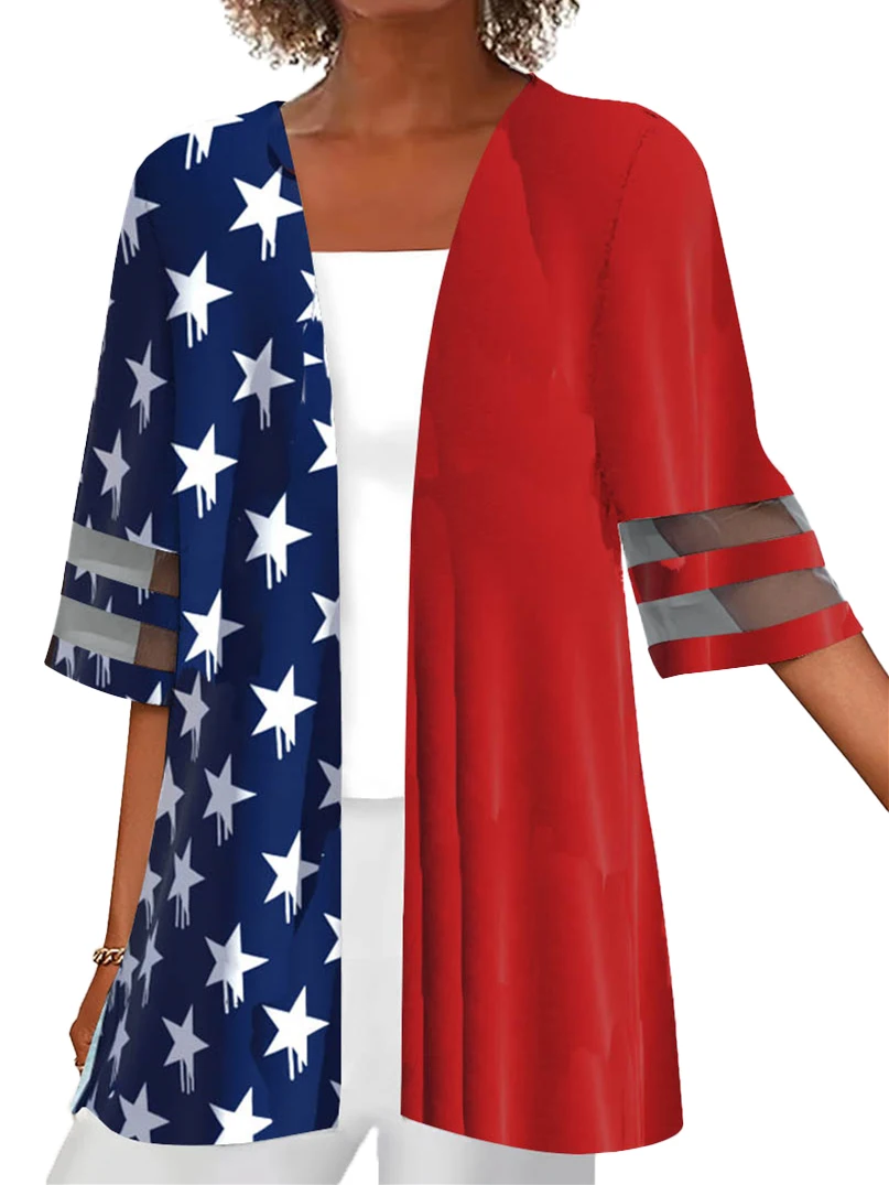 Plus Size Women Half Sleeve Scoop Neck Striped Colorblock National Flag Two-Pieced Tops