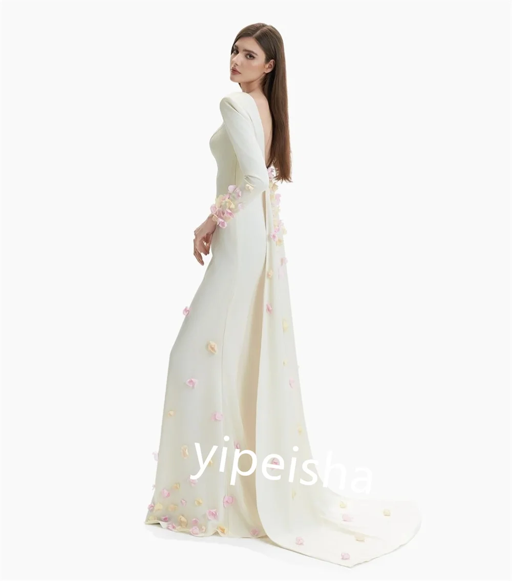 Elegant Jersey Flower Ruched A-line O-Neck Long Dresses Celebrity Dresses Exquisite High Quality Sexy Sparkle Sizes Available